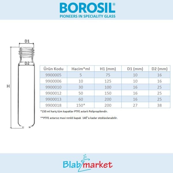 Borosil Cam Deney Tüpü 16x125 mm - Kapaklı Test Tüpü 1 Adet