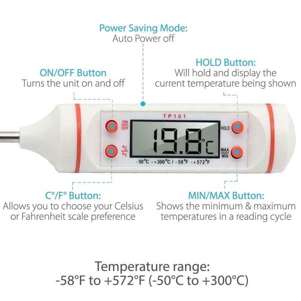 Dijital Termometre TP101 - Metal Problu Sıcaklık Ölçer - Daldırma Tipi Gıda Termometresi