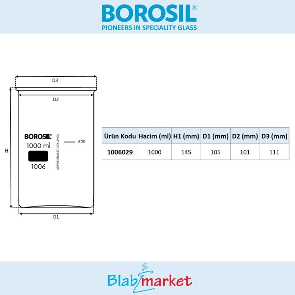Borosil Cam Beher 1000 ml - Tablet Parçalama Cihazına Uygun