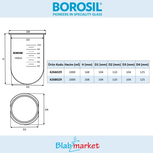 Borosil Cam Beher 1000ml - Dissolüsyon Cihazı Kabı - Beaker