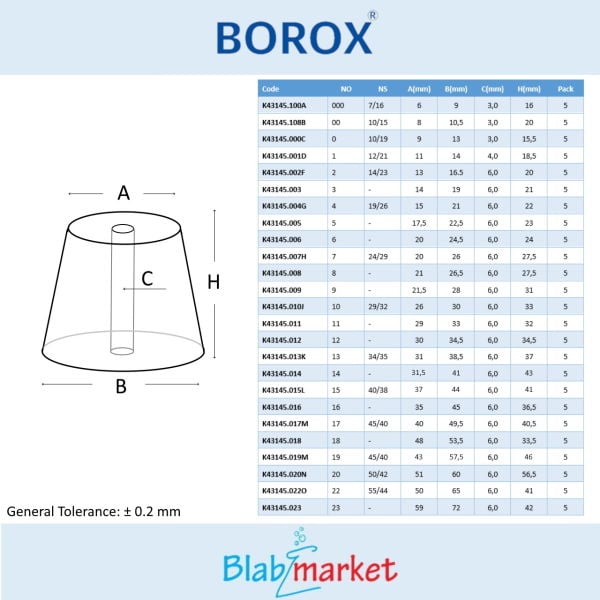 Borox Kauçuk Tıpa Delikli No 10 - 26x30x33mm NS 29/32 - 5Adet