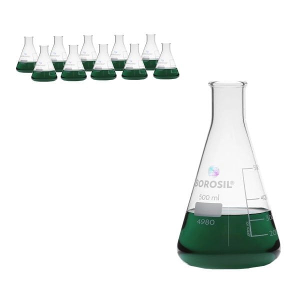 Borosil Cam Erlen 500 ml - Erlenmeyer Flask Dar Boyunlu 10 Adet