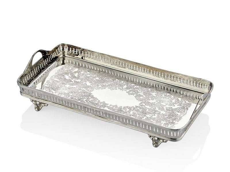 Platter Kulplu Gümüş Küçük Tepsi 43x22x9,5 Cm