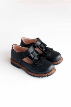 Siyah Cırtlı Deri Kız Çocuk Okul Ayakkabısı