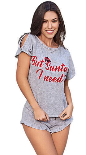 Kadın Gri Mini Şortlu Pamuklu Pijama Takımı