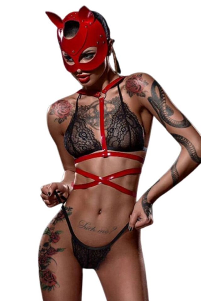Kadın Kırmızı Kedi Maskeli Deri Harness Seksi Fantezi Gece Kostümü