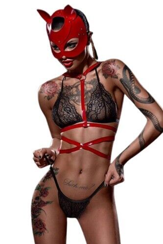 Kadın Kırmızı Kedi Maskeli Deri Harness Seksi Fantezi Gece Kostümü