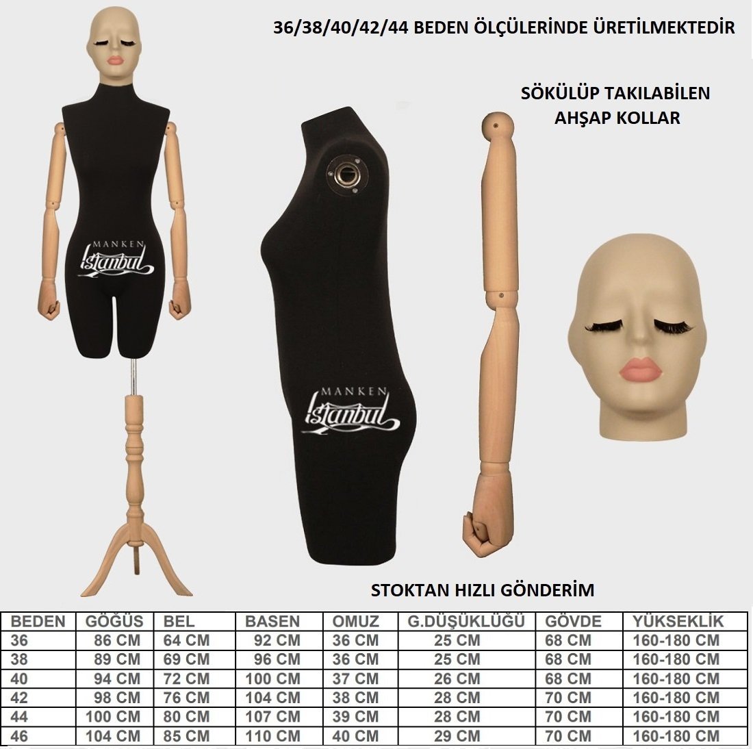 Pantolon Giyebilen Ahşap Kollu Özel Kafa Terzi Mankeni Vitrin Mankeni
