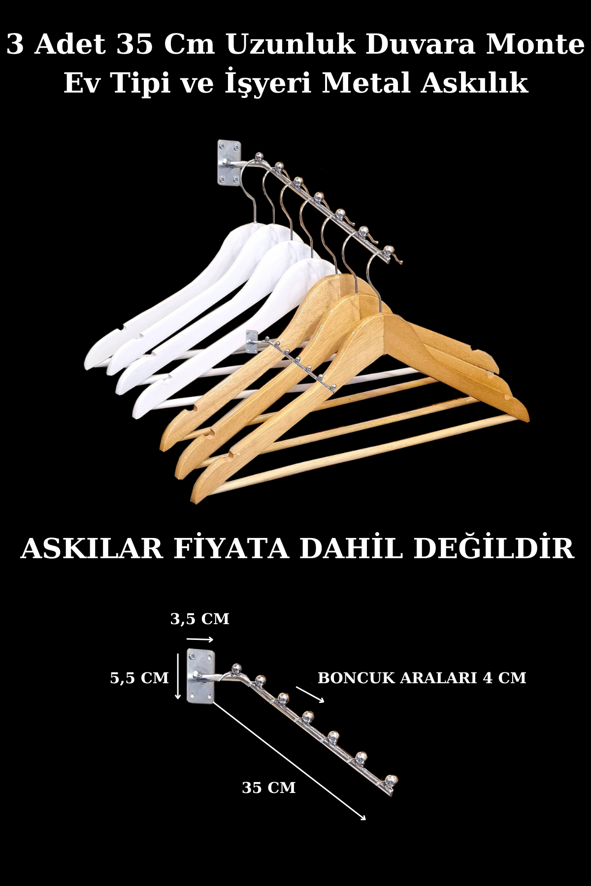 3 Adet 35 Cm Ev Ve İşyeri İçin Duvara Monte Eğimli Askılık