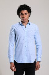 Slim Fit Uzun Kollu Desenli Mavi Baskılı Erkek Gömlek 506-685