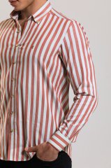 Slim Fit Uzun Kollu Kırmızı Çizgili Erkek Gömlek 545-520