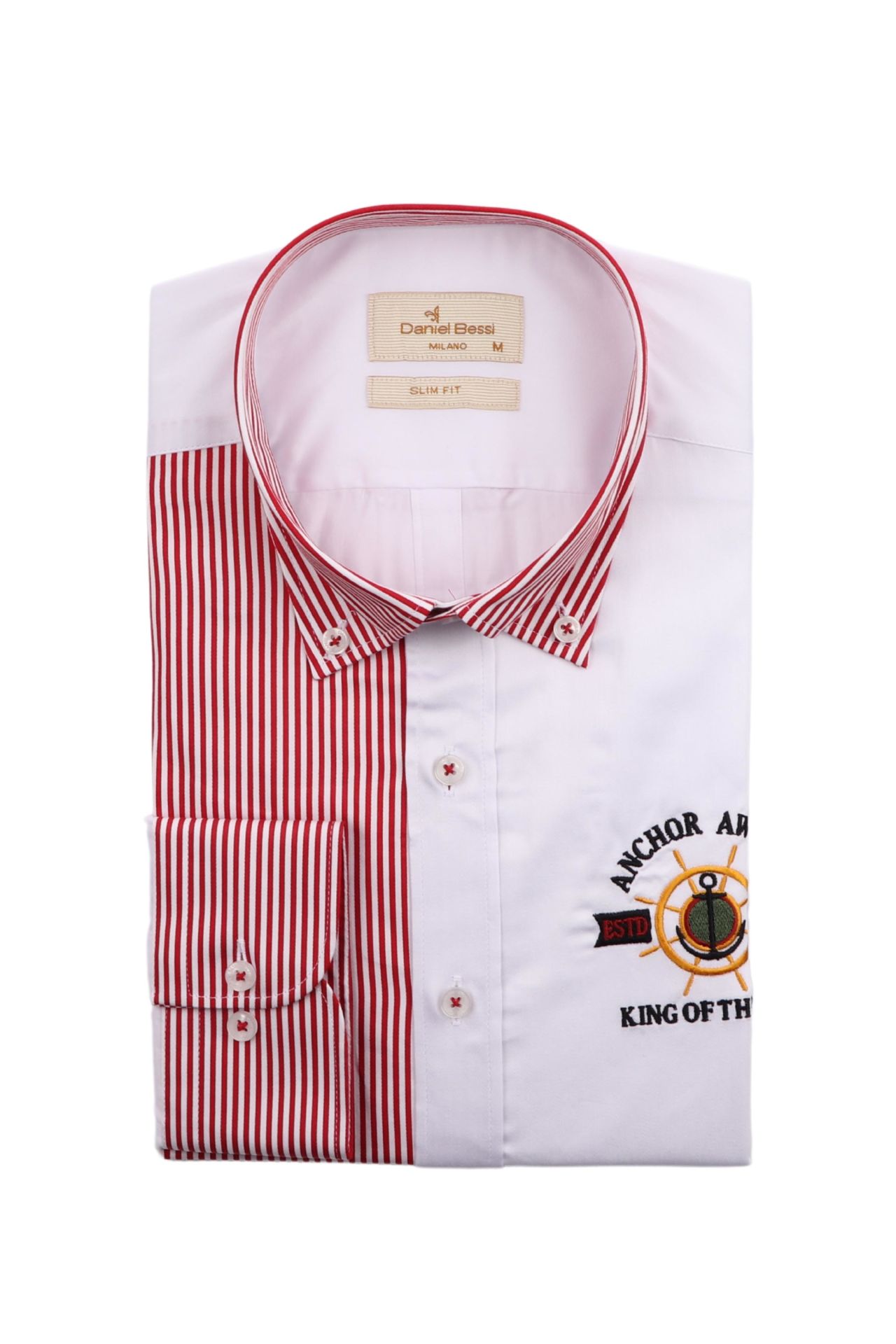 Slim Fit Uzun Kollu Beyaz Kırmızı Çizgili Erkek Gömlek 990-109