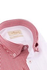 Slim Fit Uzun Kollu Beyaz Kırmızı Çizgili Erkek Gömlek 990-109