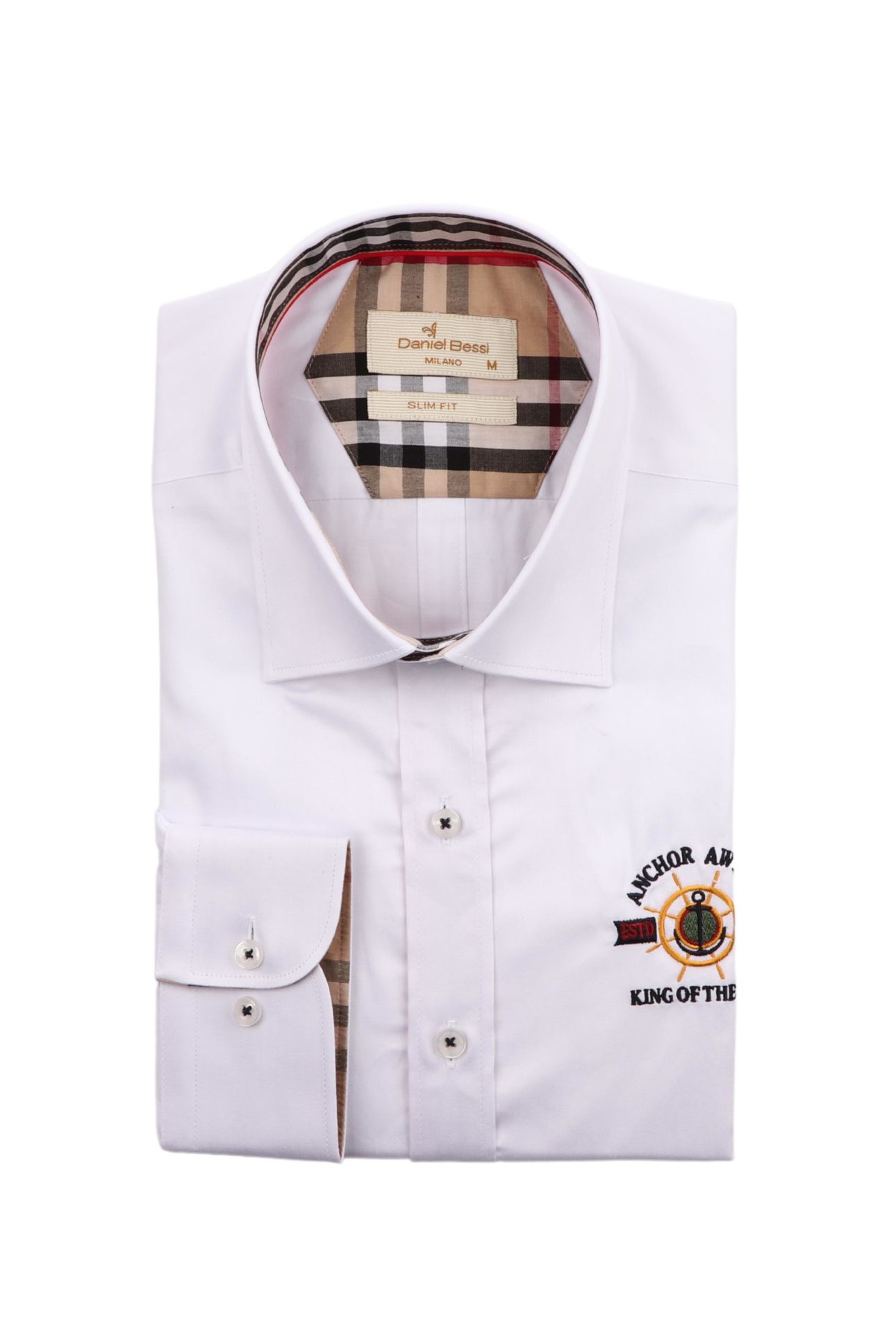 Slim Fit Uzun Kollu Beyaz Armalı Erkek Gömlek 990-110
