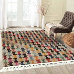 Prizma Vintage Baskılı Şönil Halı Saçaklı Kilim V-6005