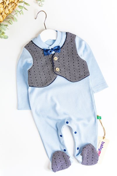 Kendinden Yelekli Papyonlu Erkek Bebek Tulum MAVİ - Yeni Doğan