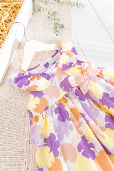 Çiçek Desenli Fiyonklu Yazlık Kız Bebek/Çocuk Elbise LİLA - 4-5 Yaş