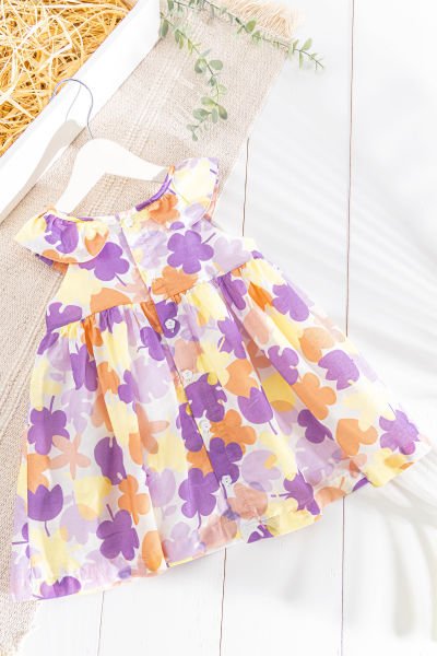 Çiçek Desenli Fiyonklu Yazlık Kız Bebek/Çocuk Elbise LİLA - 4-5 Yaş