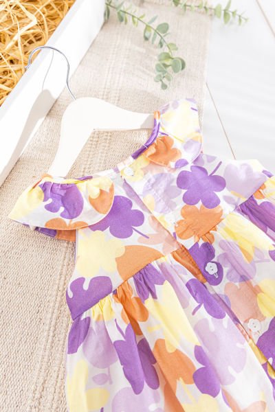 Çiçek Desenli Fiyonklu Yazlık Kız Bebek/Çocuk Elbise LİLA - 4-5 Yaş