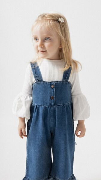 Püsküllü Palazzo Kız Bebek Çocuk Jean Salopet Tulum Lüks %100 Pamuk Likralı Ribana Balon Bluz Denim Kot Takım LACİVERT -  9-12 AY