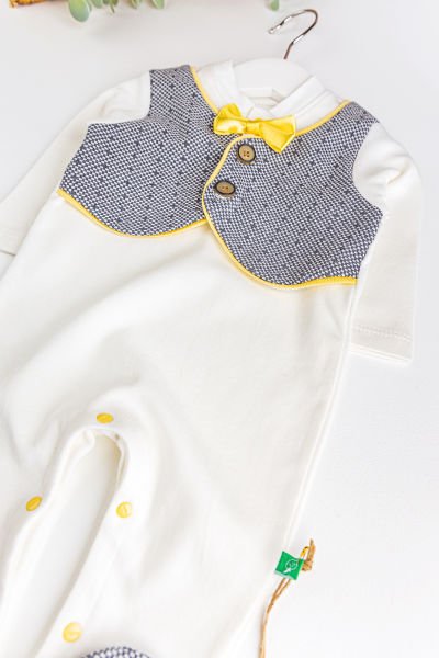 Kendinden Yelekli Papyonlu Erkek Bebek Tulum KREM - Yeni Doğan