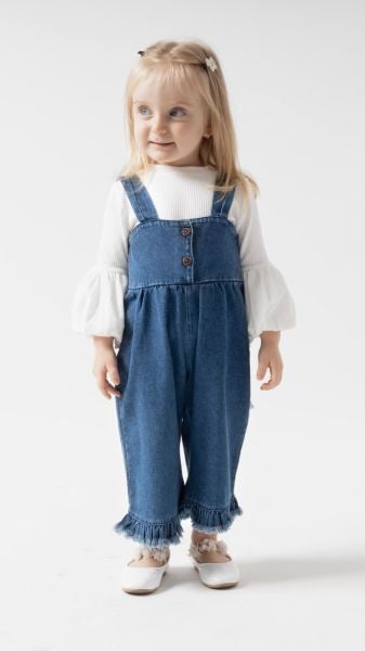 Püsküllü Palazzo Kız Bebek Çocuk Jean Salopet Tulum Lüks %100 Pamuk Likralı Ribana Balon Bluz Denim Kot Takım LACİVERT - 18-24 AY