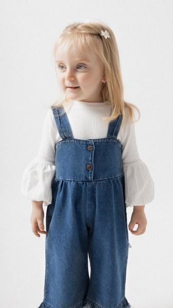 Püsküllü Palazzo Kız Bebek Çocuk Jean Salopet Tulum Lüks %100 Pamuk Likralı Ribana Balon Bluz Denim Kot Takım LACİVERT - 18-24 AY