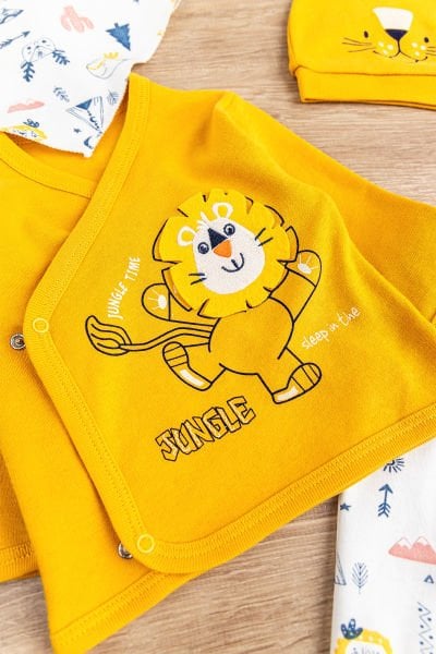 Aslan Figürlü Pamuklu 5 Parça Erkek Bebek Hastane Çıkışı Bebek Takımı Hardal Sarısı -  0-3 AY