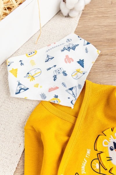 Aslan Figürlü Pamuklu 5 Parça Erkek Bebek Hastane Çıkışı Bebek Takımı Hardal Sarısı -  0-3 AY