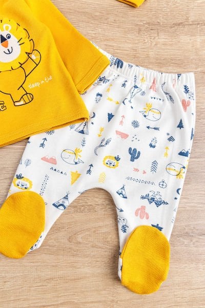 Aslan Figürlü Pamuklu 5 Parça Erkek Bebek Hastane Çıkışı Bebek Takımı Hardal Sarısı -  0-3 AY