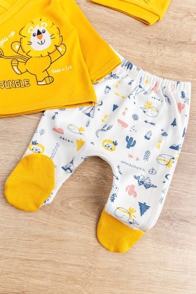 Aslan Figürlü Pamuklu 5 Parça Erkek Bebek Hastane Çıkışı Bebek Takımı Hardal Sarısı -  0-3 AY