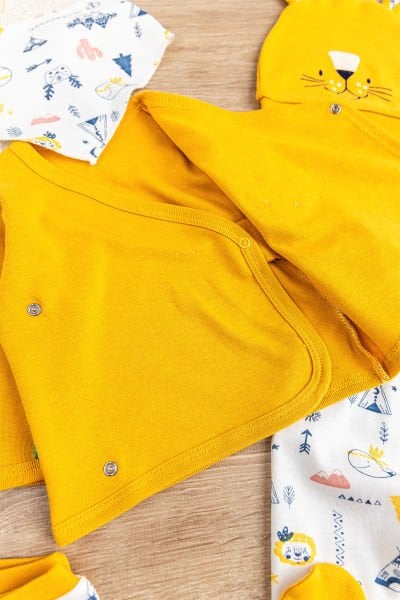 Aslan Figürlü Pamuklu 5 Parça Erkek Bebek Hastane Çıkışı Bebek Takımı Hardal Sarısı -  0-3 AY