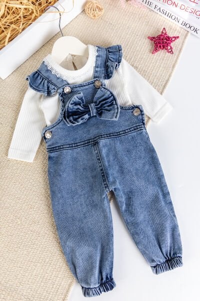 Fiyonklu Kız Bebek Kot Salopet Tulum Set
