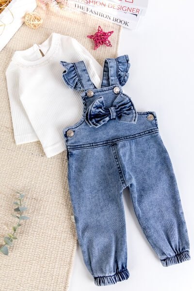 Fiyonklu Kız Bebek Kot Salopet Tulum Set