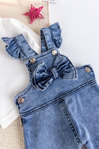 Fiyonklu Kız Bebek Kot Salopet Tulum Set