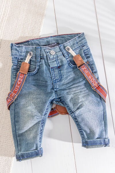 Denim Kumaş Askılı Erkek Bebek Kot Pantolon