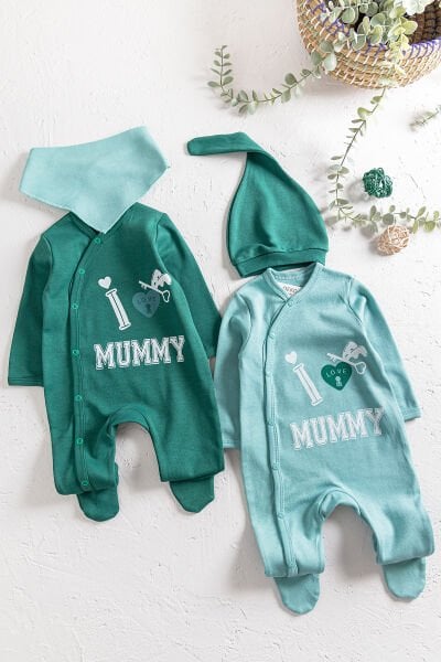 I Love Mummy Baskılı 2'li Uzun Kollu Kız/Erkek Bebek Tulum Takım