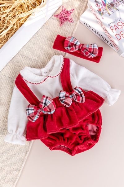 Fiyonklu Bandanalı Kadife Kız Bebek Tulum Salopet Bebek Elbise