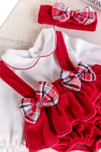 Fiyonklu Bandanalı Kadife Kız Bebek Tulum Salopet Bebek Elbise