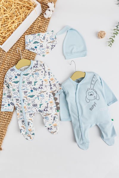 Dino Figürlü 2'li Uzun Kollu Kız/Erkek Bebek Tulum Takım MAVİ -  0-3 AY