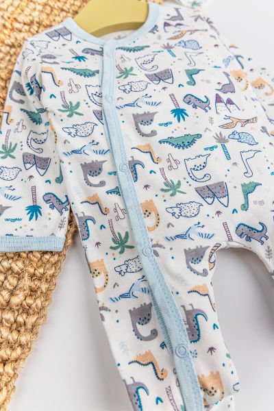 Dino Figürlü 2'li Uzun Kollu Kız/Erkek Bebek Tulum Takım MAVİ -  0-3 AY