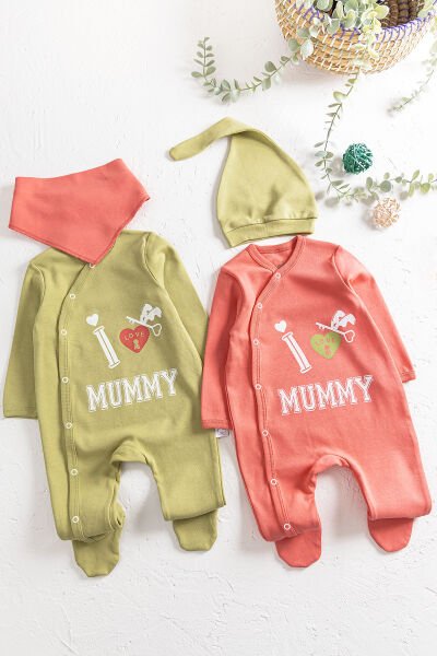 I Love Mummy Baskılı 2'li Uzun Kollu Kız/Erkek Bebek Tulum Takım YEŞİL - 3-6 AY