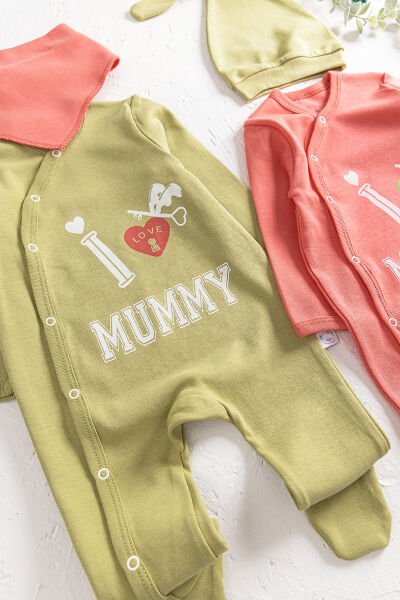 I Love Mummy Baskılı 2'li Uzun Kollu Kız/Erkek Bebek Tulum Takım YEŞİL - 3-6 AY