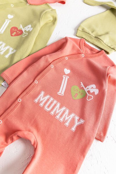 I Love Mummy Baskılı 2'li Uzun Kollu Kız/Erkek Bebek Tulum Takım YEŞİL - 3-6 AY