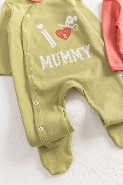 I Love Mummy Baskılı 2'li Uzun Kollu Kız/Erkek Bebek Tulum Takım YEŞİL - 3-6 AY