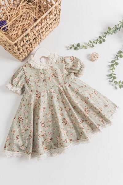 Vintage Model Güpürlü Kısa Kollu Kız Çocuk Elbise YEŞİL - 2 Yaş