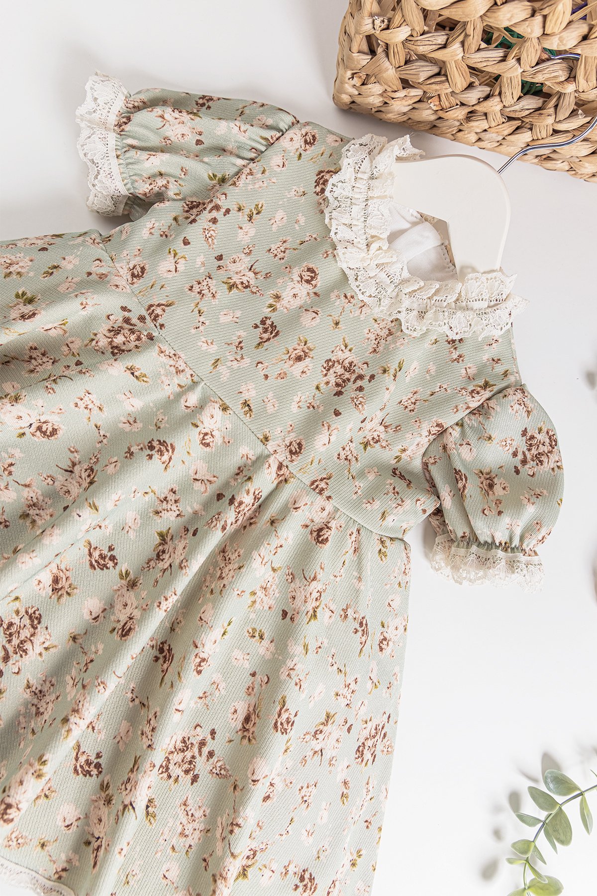 Vintage Model Güpürlü Kısa Kollu Kız Çocuk Elbise YEŞİL - 2 Yaş