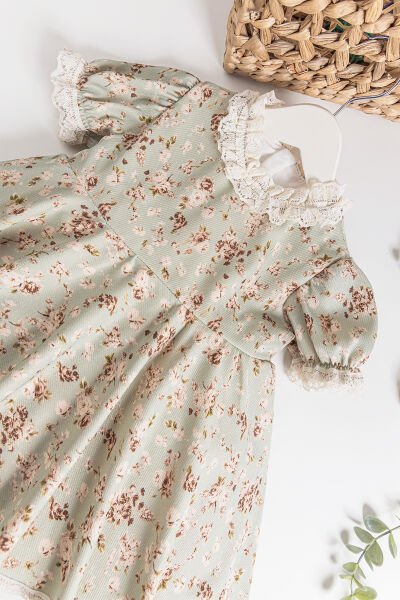 Vintage Model Güpürlü Kısa Kollu Kız Çocuk Elbise YEŞİL - 2 Yaş