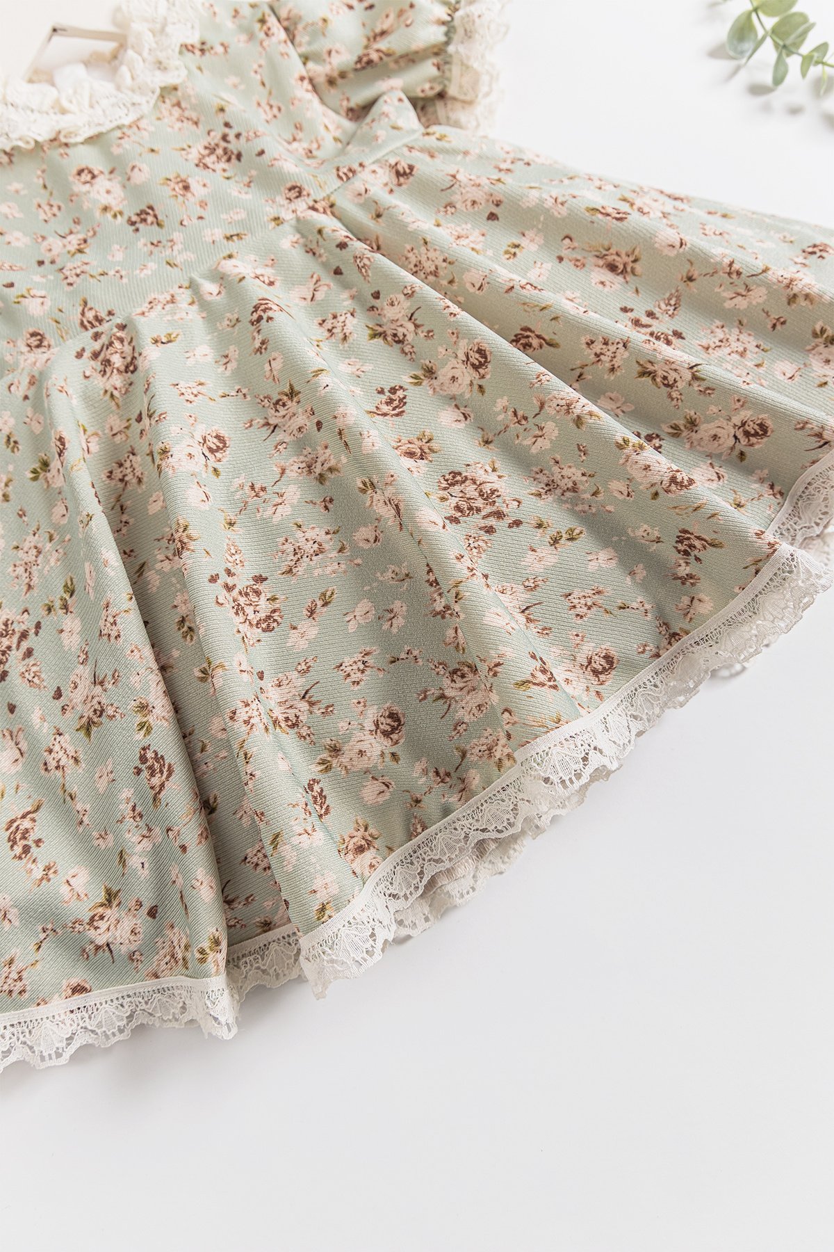 Vintage Model Güpürlü Kısa Kollu Kız Çocuk Elbise YEŞİL - 2 Yaş