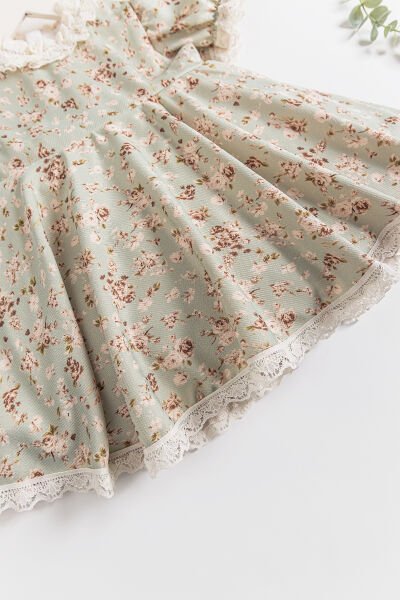 Vintage Model Güpürlü Kısa Kollu Kız Çocuk Elbise YEŞİL - 2 Yaş